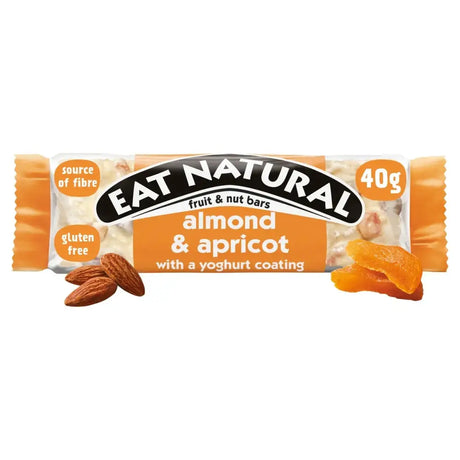 An orange-wrapped eat natural almond apricot yoghurt coated fruit and nut bar perfect for a healthy snack