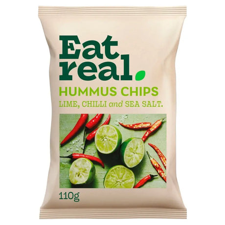 Beige bag of eat real hummus chips with lime chilli and sea salt flavor gluten free real hummus chips snack