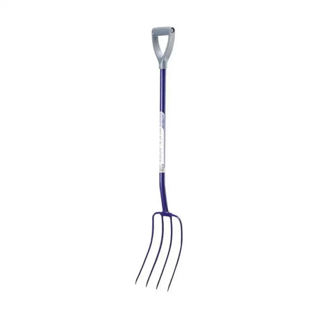 Purple-handled eazitools manure fork with gray d-shaped grip and four black tines features specially angled head to encourage good posture