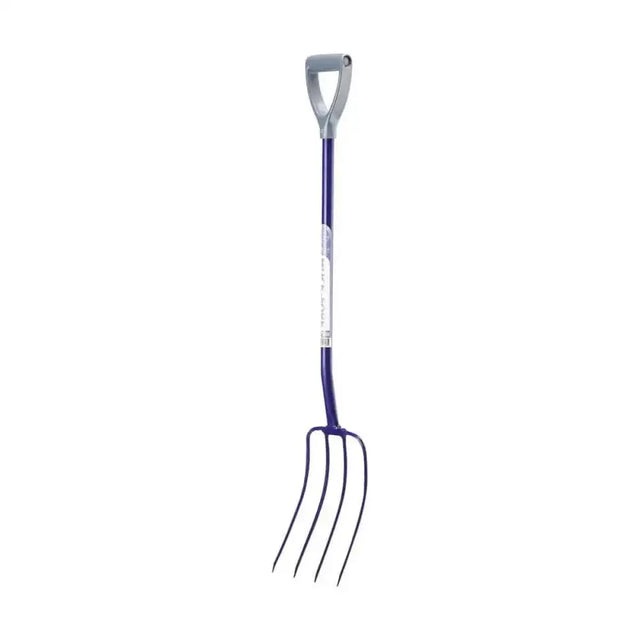 Purple-handled eazitools manure fork with gray d-shaped grip and four black tines features specially angled head to encourage good posture