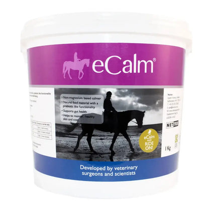 Purple and white labeled plastic bucket of ecalm horse calming feed natural calmer supplement for horses