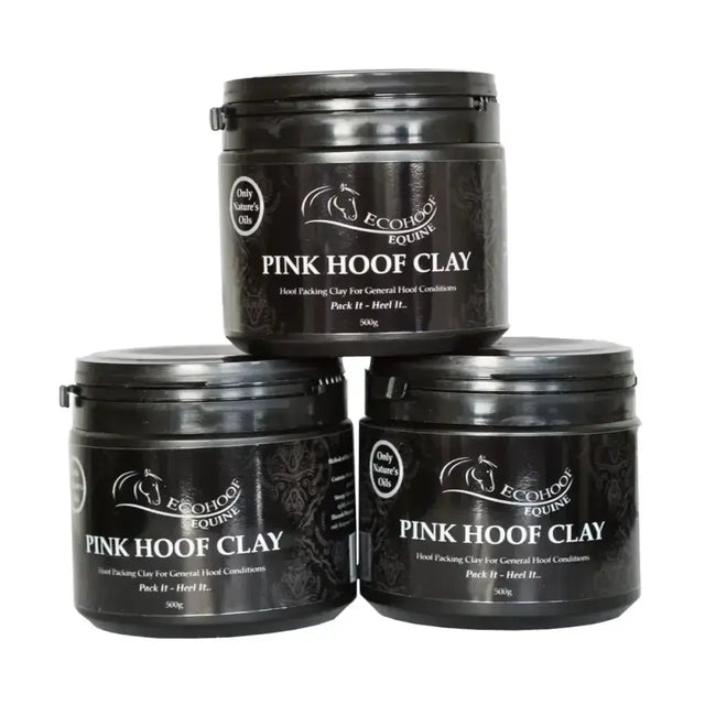 Black cylindrical containers of ecohoof pink hoof clay for treating hoof skin conditions with horse logo and white text labels