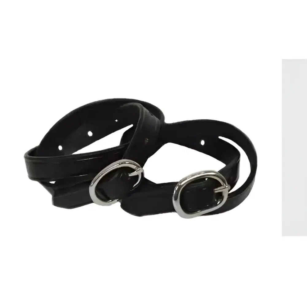 Black leather spur straps with silver toned oval buckles economy leather spur for a durable secure fit
