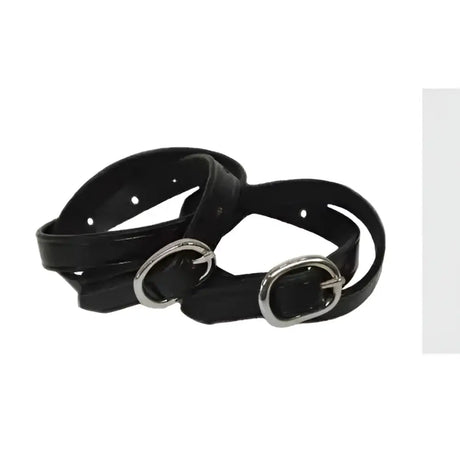 Black leather spur straps with silver toned oval buckles economy leather spur for a durable secure fit