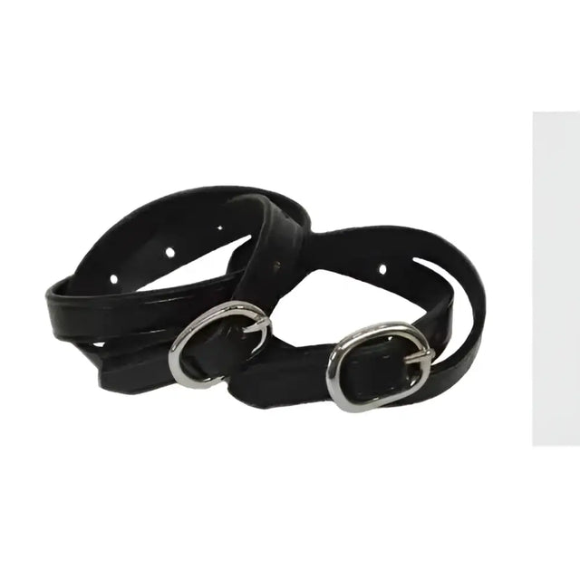 Black leather spur straps with silver toned oval buckles economy leather spur for a durable secure fit