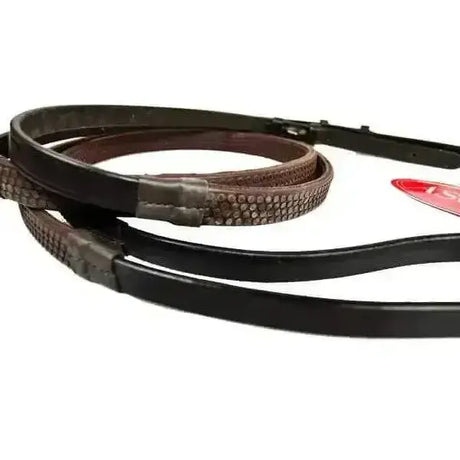 Brown leather economy rubber grip reins with textured studs and black metal hardware for secure hold
