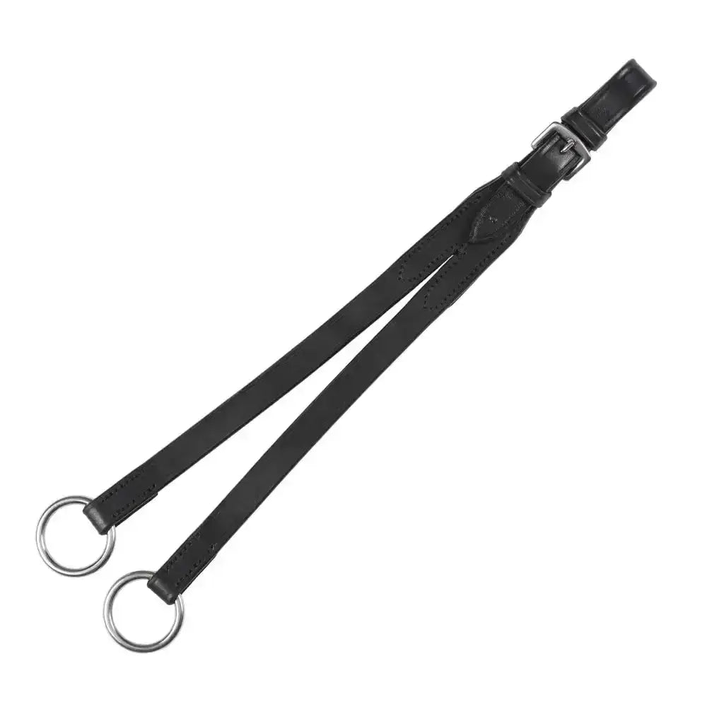 Black leather economy running martingale attachment with silver metal rings and buckle for horse tack