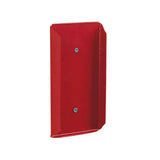 Red rectangular fire alarm pull station with two silver screws shown next to economy salt lick holder with ordinary plastic coating