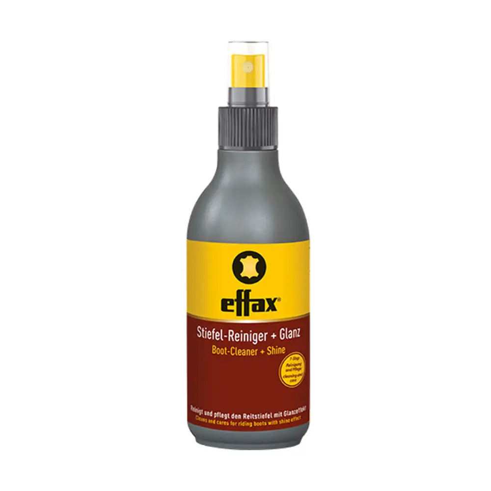Effax boot cleaner and shine spray in a sleek gray bottle with yellow label and silver nozzle for easy boot cleaning and shine