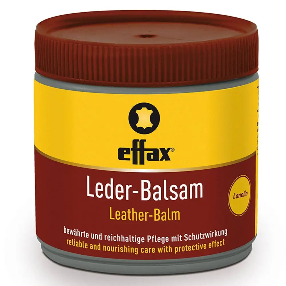 Effax leather balm in a jar with yellow and brown label contains lanolin for valuable leather care of horse tack accessories