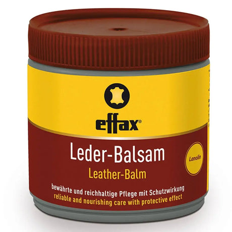 Effax leather balm in a jar with yellow and brown label contains lanolin for valuable leather care of horse tack accessories