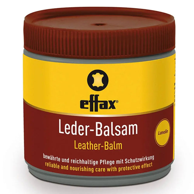 Effax leather balm in a jar with yellow and brown label contains lanolin for valuable leather care of horse tack accessories