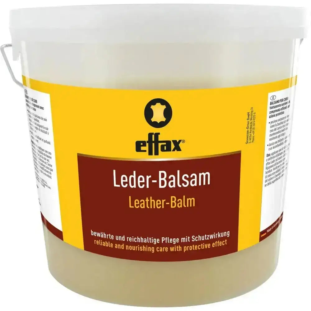 A white plastic bucket with a yellow brown label showing effax leather balm 5lt tub for valuable leather care