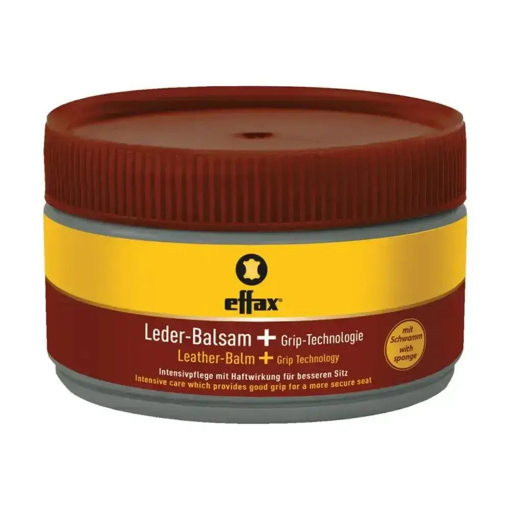 Effax leather balm in a round jar with brown ribbed lid featuring grip technology combines an innovative anti-slip effect