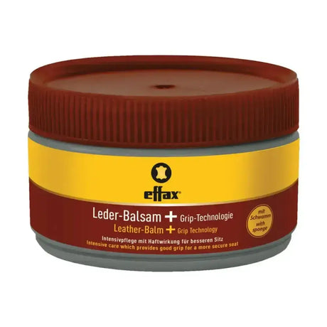 Effax leather balm in a round jar with brown ribbed lid featuring grip technology combines an innovative anti-slip effect