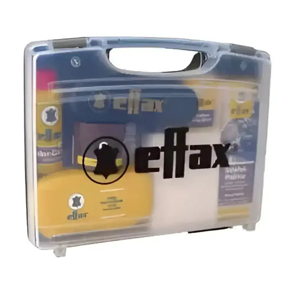 Clear plastic case with effax leather care kit featuring yellow and blue bottles for horse tack leather care case