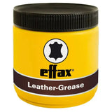Bright yellow effax leather care grease container with black lid and leather icon label perfect to apply effax leather