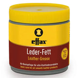 Yellow and red labeled jar of effax leather care grease with yellow lid perfect to apply effax leather for care