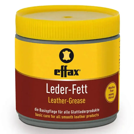 Yellow and red labeled jar of effax leather care grease with yellow lid perfect to apply effax leather for care