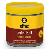 Yellow and red labeled jar of effax leather grease for easy leather care grease to apply effax leather protection