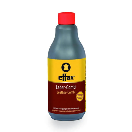 Effax leather combi cleaning solution in dark gray bottle with red cap for deep-penetrating effect on horse tack accessories
