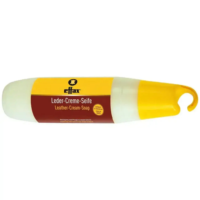 Effax leather cream tack soap in a yellow and white tube with a hook-shaped flic-flac bottle cap for leather care