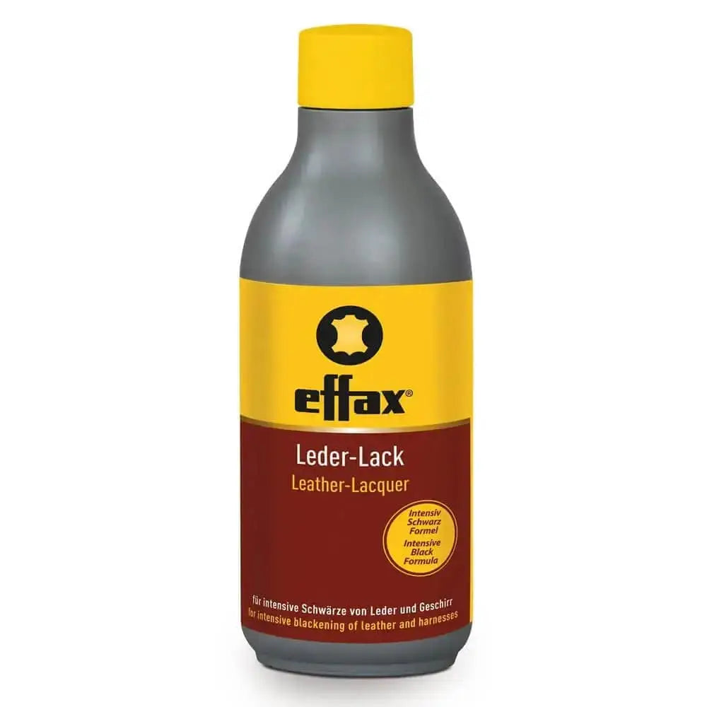 A sleek gray bottle of effax leather lacquer 250ml with a bright yellow cap for intensive blackening leather care