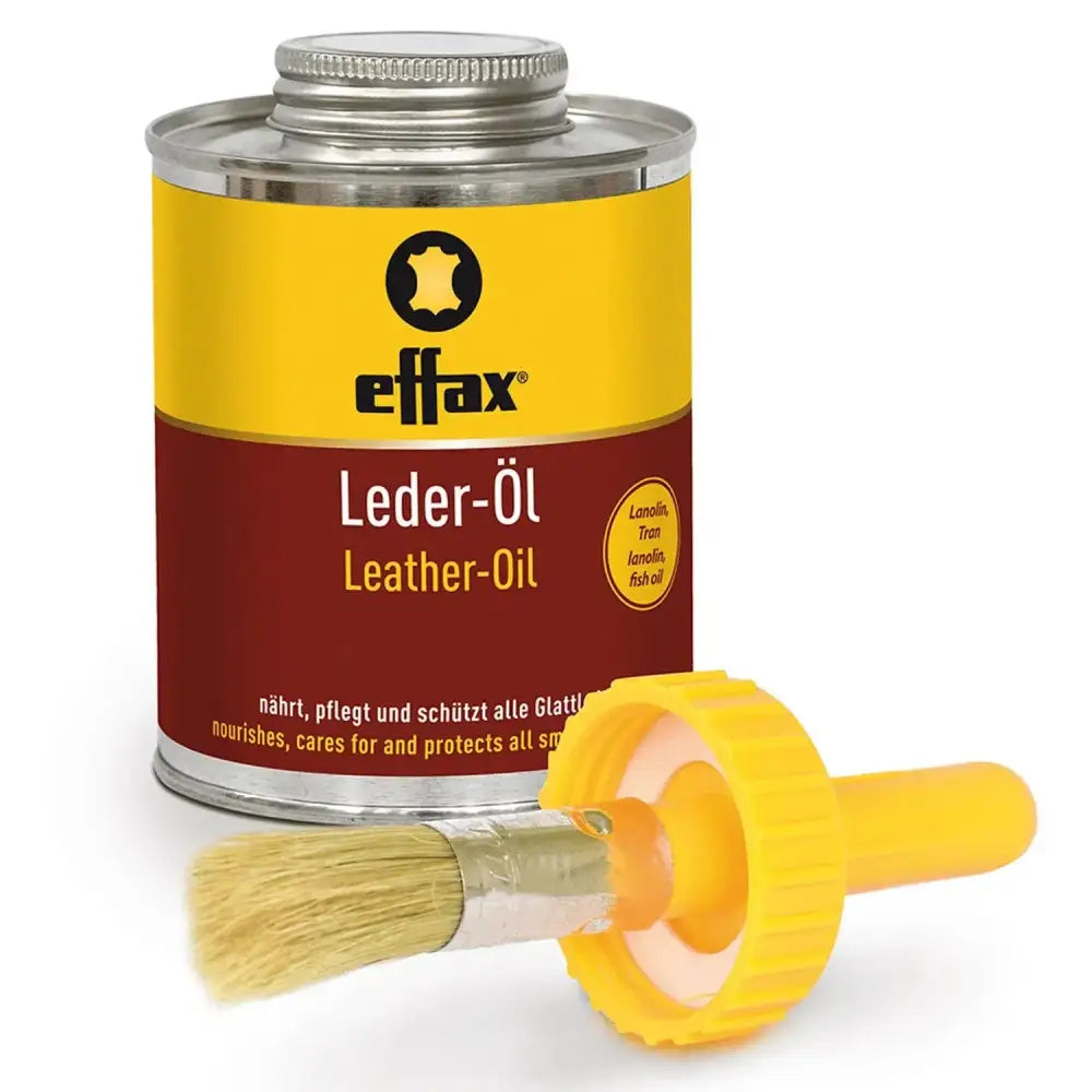 Effax leather oil tin with yellow brush applicator in a red and yellow metal can for favourite leather care