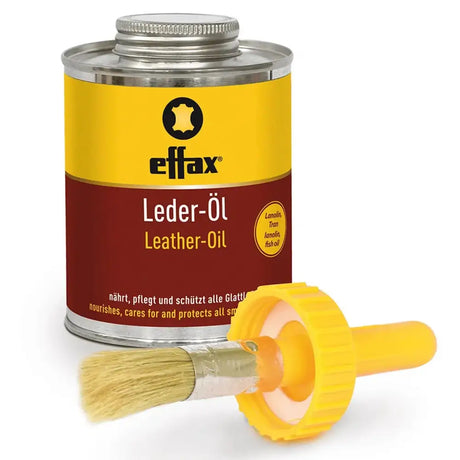 Effax leather oil tin with yellow brush applicator in a red and yellow metal can for favourite leather care