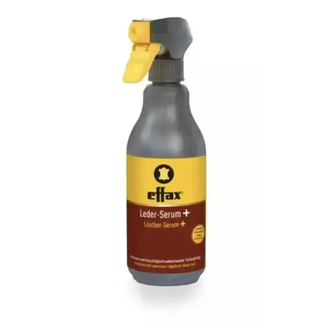 Gray spray bottle with yellow trigger labeled effax leather serum for deep action care and spray-on effax use