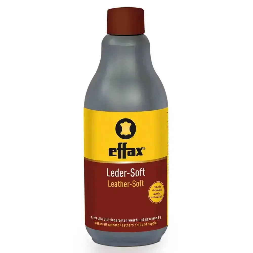 A gray plastic bottle of effax leather soft with avocado oil for horse tack accessories care and conditioning