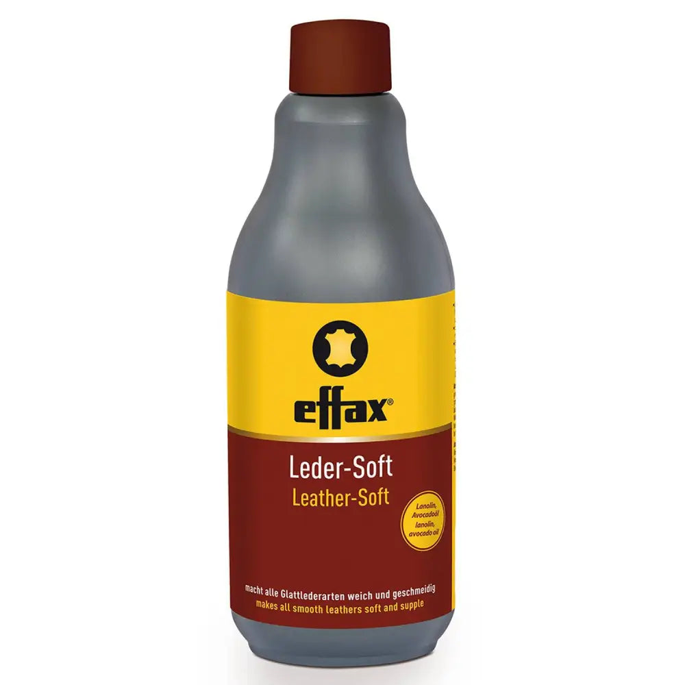 Effax leather soft in a dark gray bottle with brown cap and avocado oil for horse tack accessories care