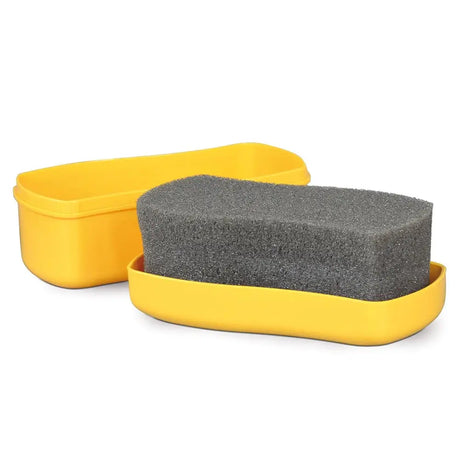 Yellow plastic sponge holder with dark gray textured sponge to apply effax speedy leather speedy leather shine