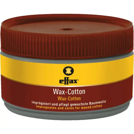 Effax wax cotton reddish-brown jar with ribbed lid and yellow label for riding equipment care in leather care programme