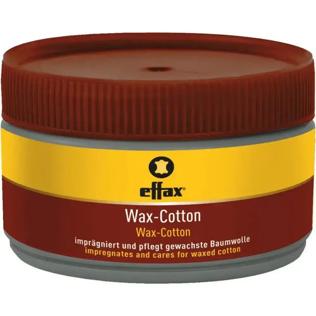 Effax wax cotton reddish-brown jar with ribbed lid and yellow label for riding equipment care in leather care programme