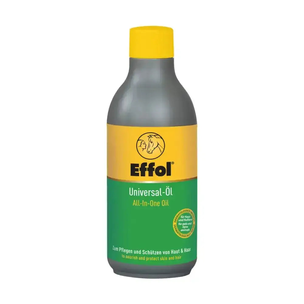 Effol all-in-one oil in a dark gray bottle with yellow cap and green label for skin hair and leather oil care
