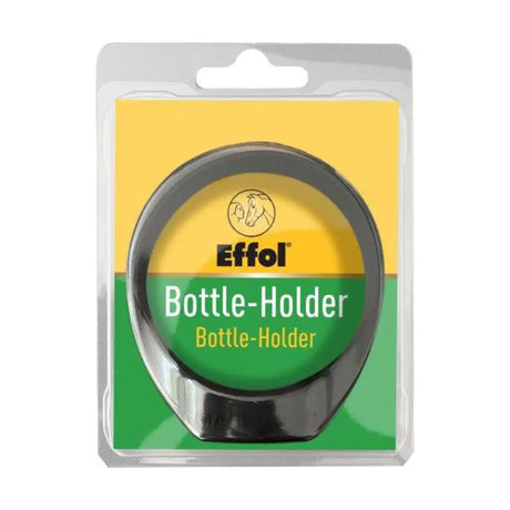 Black plastic effol bottle holder with circular design and curved base for securely holding bottles in horse tack accessories