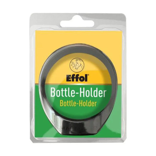 Black plastic effol bottle holder with circular design and curved base for securely holding bottles in horse tack accessories
