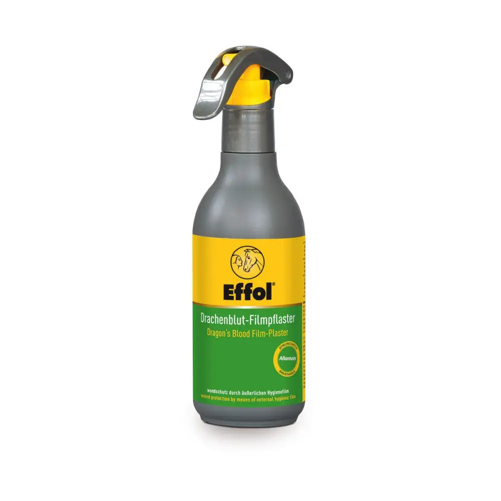 Gray effol dragon’s blood spray bottle with yellow green label for external breathable hygienic horse care film plaster