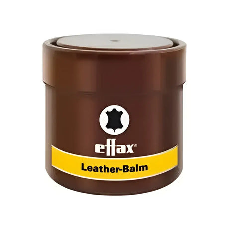 Brown cylindrical container of effol effax mini leather balm with yellow label and black leather icon for leather care