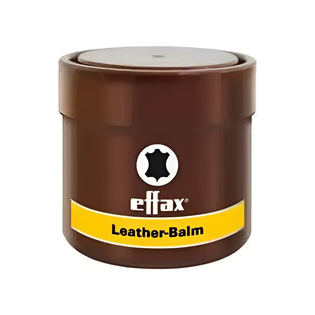 Brown cylindrical container of effol effax mini leather balm with yellow label and black leather icon for leather care