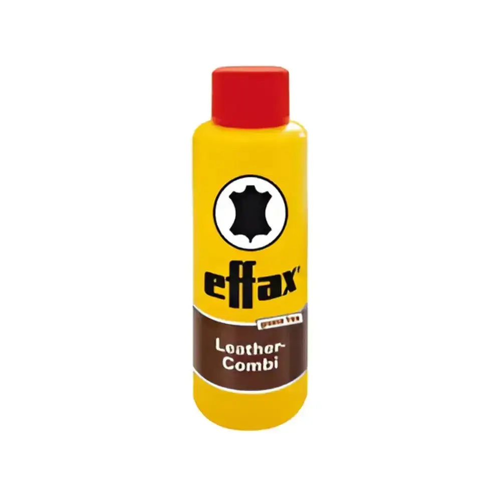 Yellow effax leather combi bottle with red cap and brown label showing black leather icon for effol effax mini