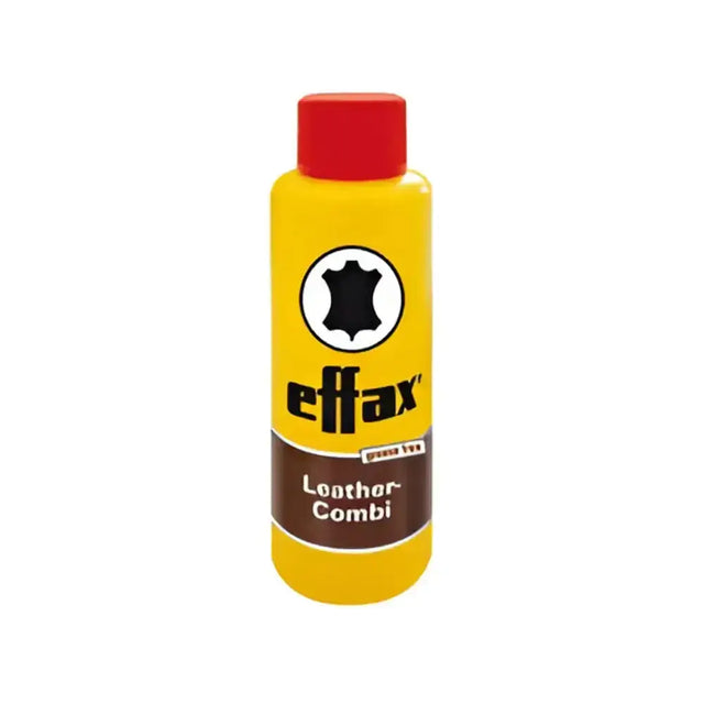 Yellow effax leather combi bottle with red cap and brown label showing black leather icon for effol effax mini