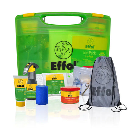 Green plastic effol first-aid kit with yellow handle and logo for speedy reaction in horse care emergencies