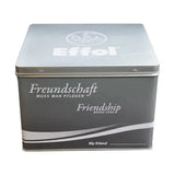 Silver metallic effol friend-snacks tin box with black and white branding for four-legged equine friends horse treats