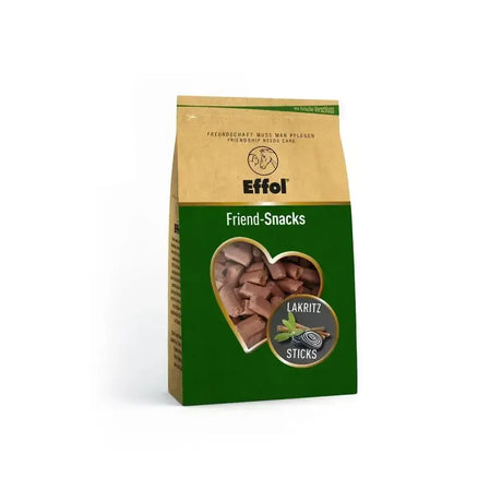 Effol friends snacks liquorice sticks in green and beige package with heart window showing chocolate sticks