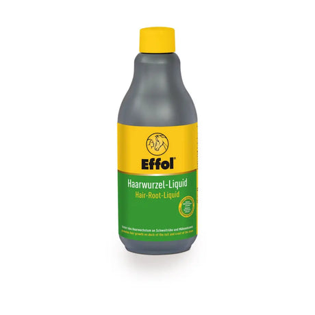 Effol hair root liquid in a dark gray bottle with bright yellow cap and label featuring green text and caffeine ingredient