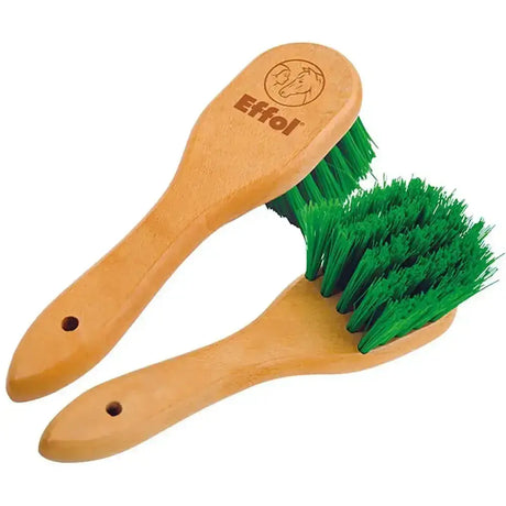 Two effol hoof brushes with extra long beechwood handles and bright green bristles for easy hoof cleaning