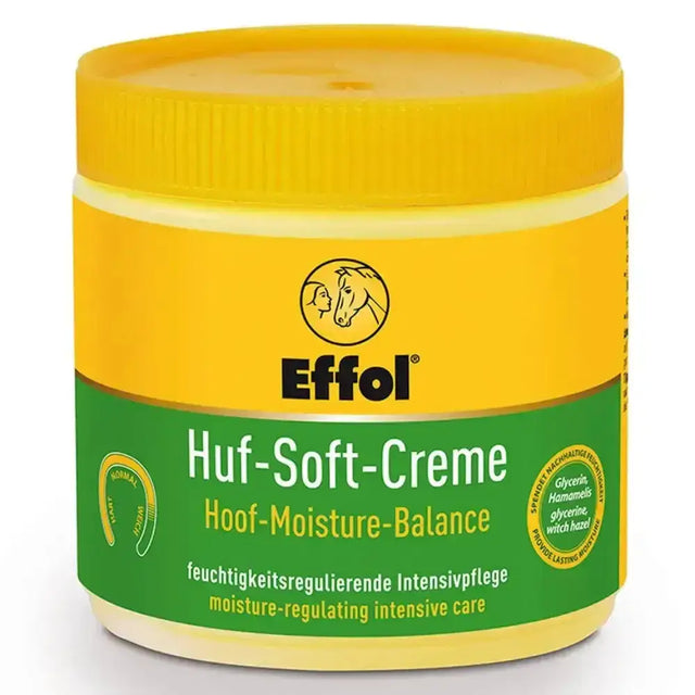 Yellow and green jar of effol hof-soft-creme hoof moisture balance cream with natural active ingredients for effol hoof moisture