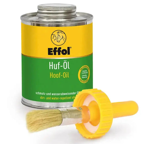 Effol hoof oil in yellow and green can with silver lid and yellow brush offers all-round protection and nourishing ingredients guarantee